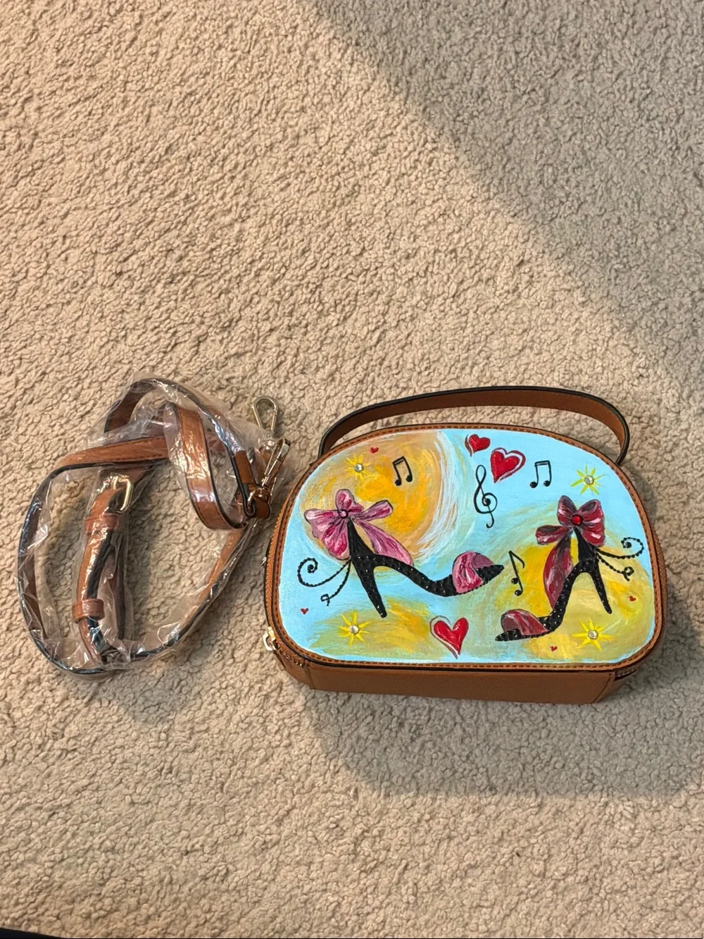 Hand-Painted Brown Crossbody Bag with Pink Accents